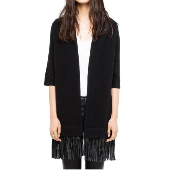 Zadig & Voltaire Deluxe- NWT Black and Burgundy Leather Fringe Cardigan Sweater - Picture 1 of 11